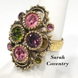Sarah Coventry Austrian Lites Ring Green Pink Crystals 1970s Book Piece